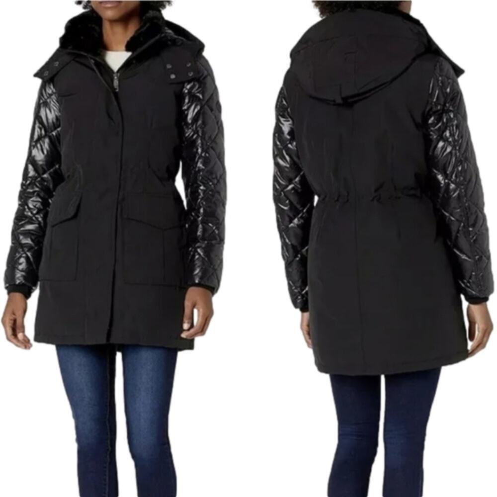Calvin Klein Black Hooded Parka Coat Quilted Sleeve Faux Fur Trimmed Winter Warm